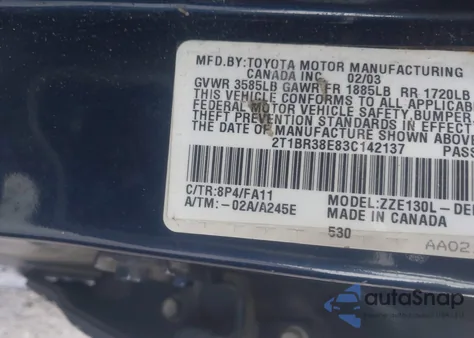 2003 Toyota Corolla Le z USA, uszkodzony, nr VIN 2T1BR38E83C142137